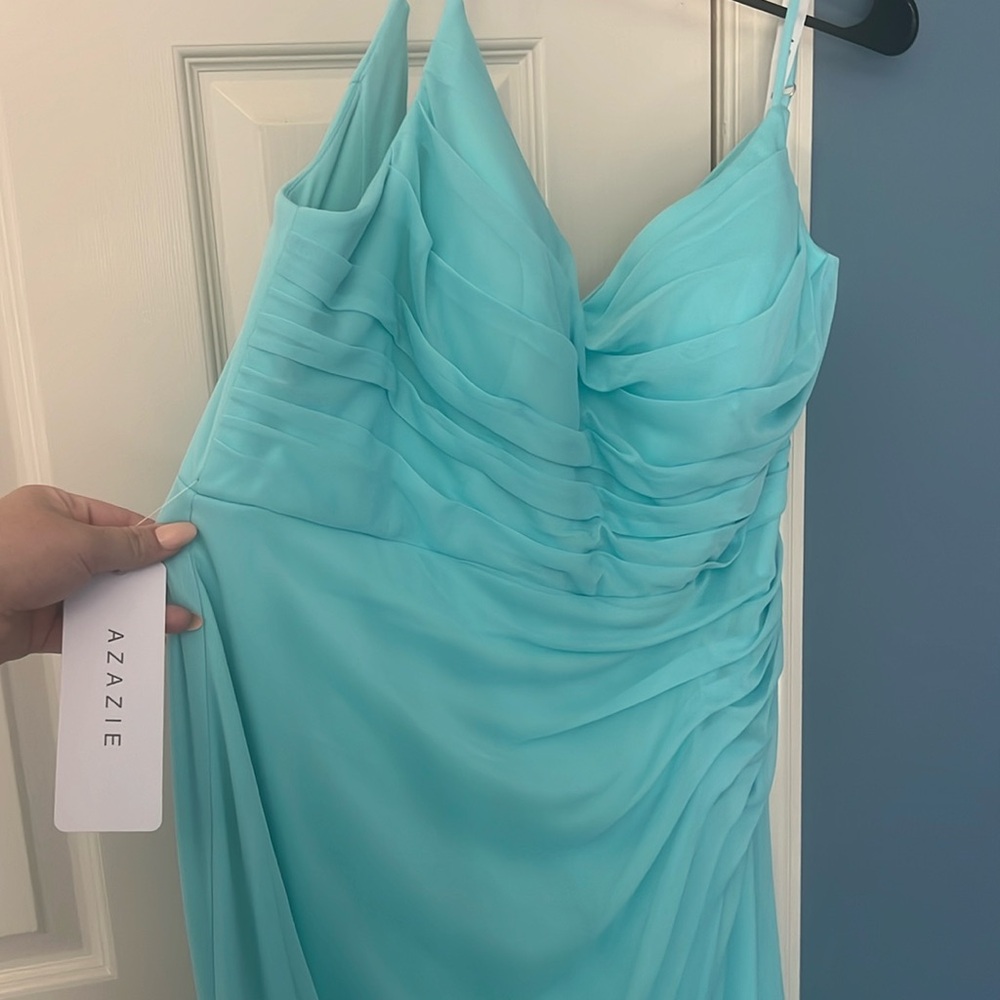 Azazie Deandria dress in Caribbean blue